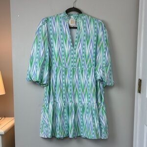 Emily McCarthy Green and Blue Patterned Tiered Dress - M